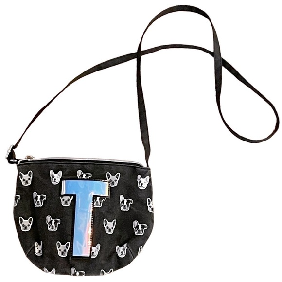 Justice Distressed Black French Bulldog "T" Initial Small Crossbody Bag - Picture 1 of 9